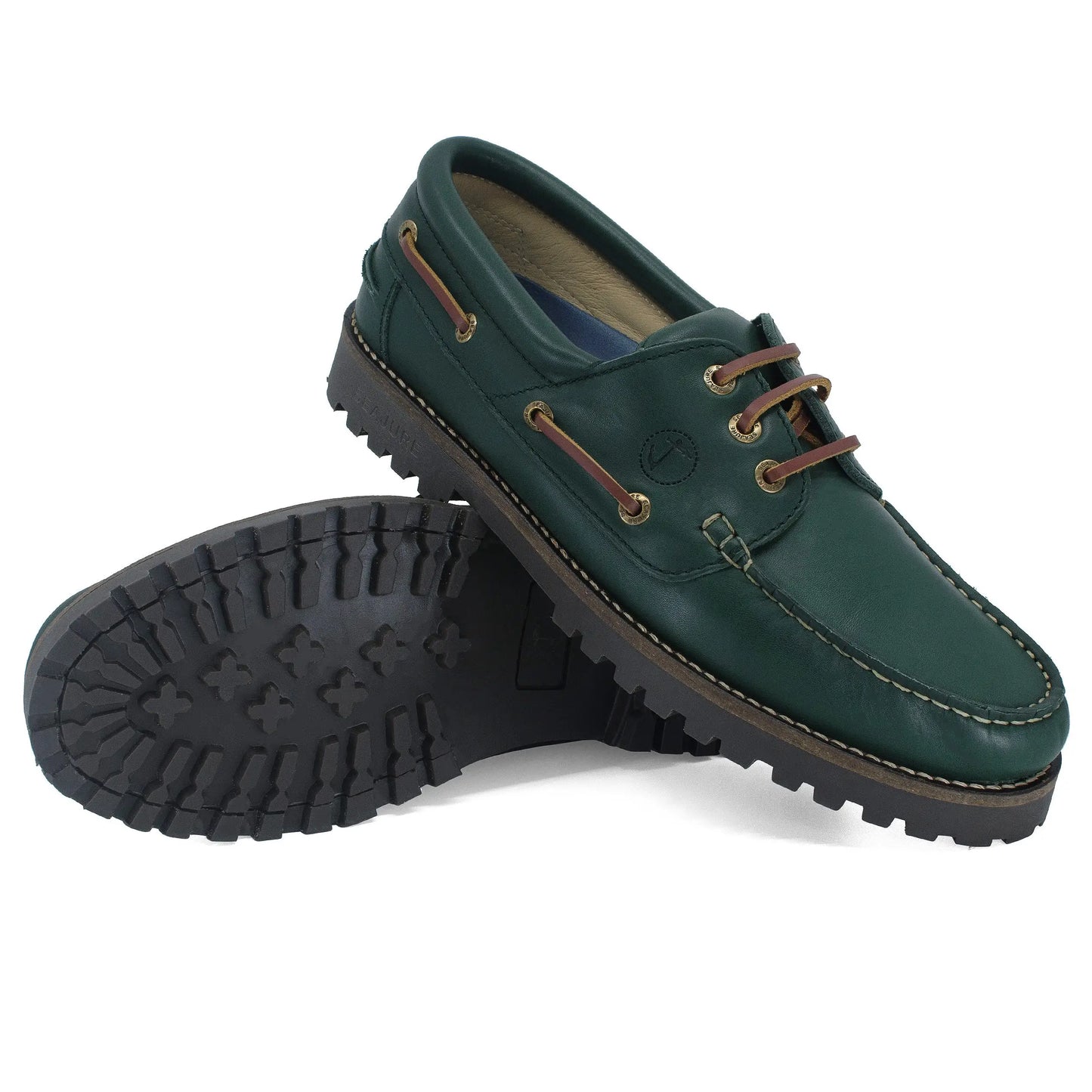 High quality men boat shoe Keem with dark green leather, brown laces, lug soles