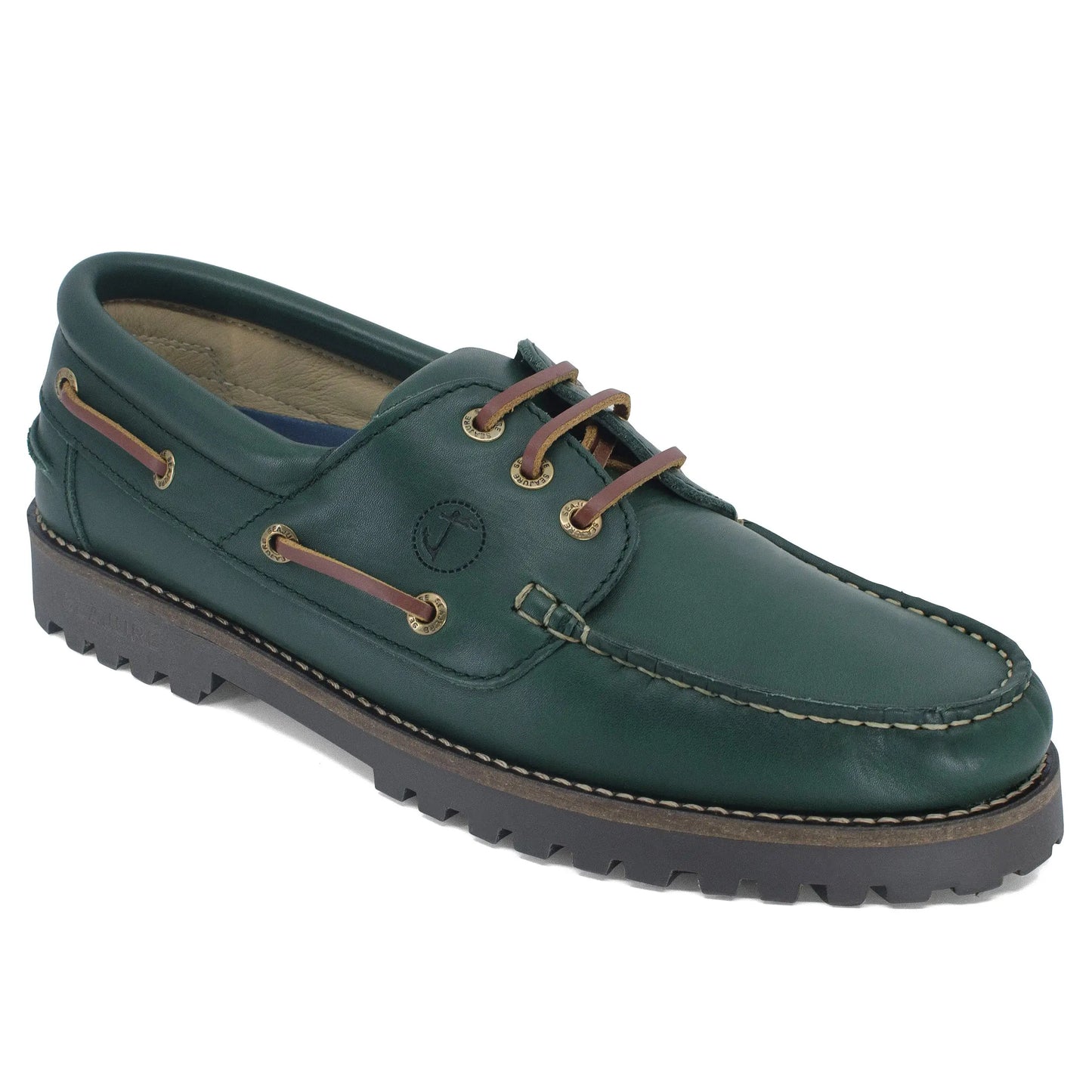 High quality dark green leather men boat shoe with brown laces and lug sole