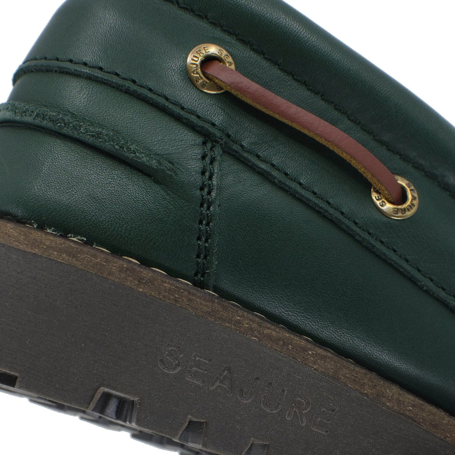 High quality dark green leather men boat shoe Keem with brown laces and thick sole