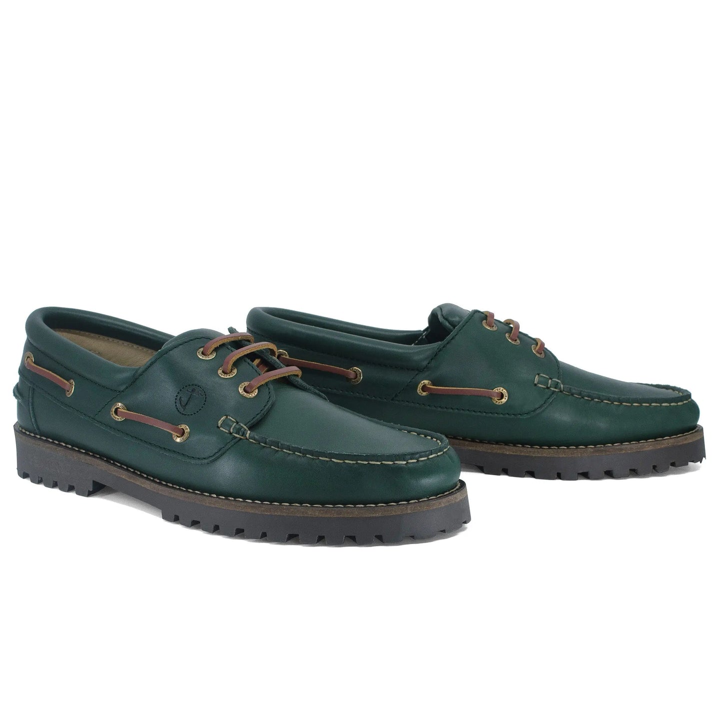 High quality men boat shoe Keem with green leather, brown laces, lug soles