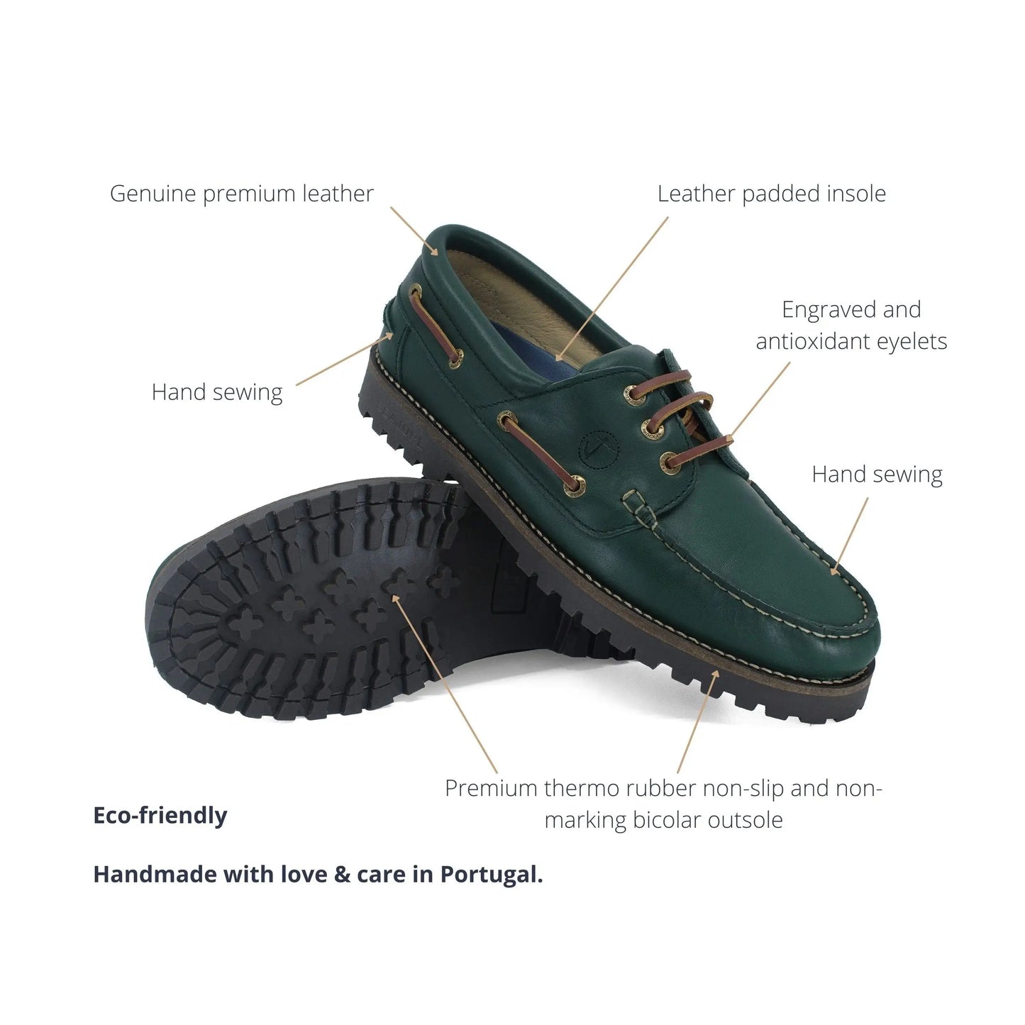High quality Men Boat Shoe Keem in dark green leather with brown laces and textured sole