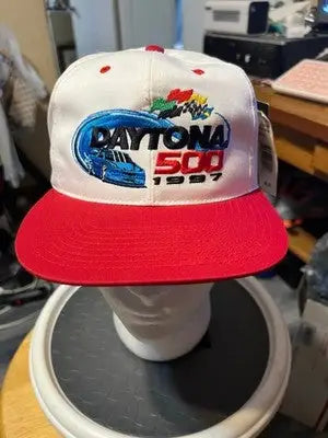 White and red Daytona 500 1997 baseball cap with checkered flag sports design