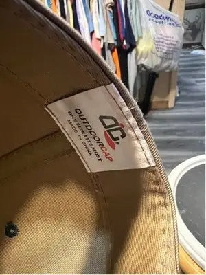 Brown outdoor cap with interior label, Men’s Boat Place Tan Green Baseball Hat