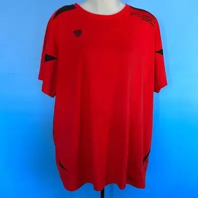 Red short-sleeved men’s soccer jersey with black accents in size XL