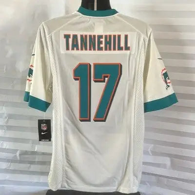 White Miami Dolphins football jersey with teal and orange trim for men’s quarterback shirt