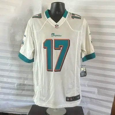 White Miami Dolphins jersey with teal and orange number 17 for men’s NFL football shirt