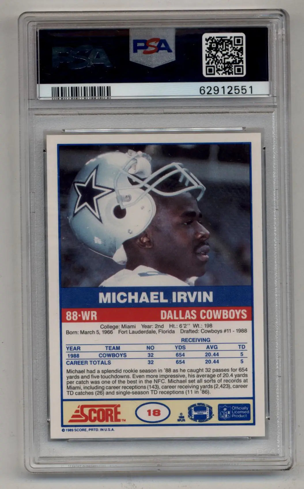 Michael Irvin 1989 Score #18 PSA 10 Gem Mint football trading card with star logo