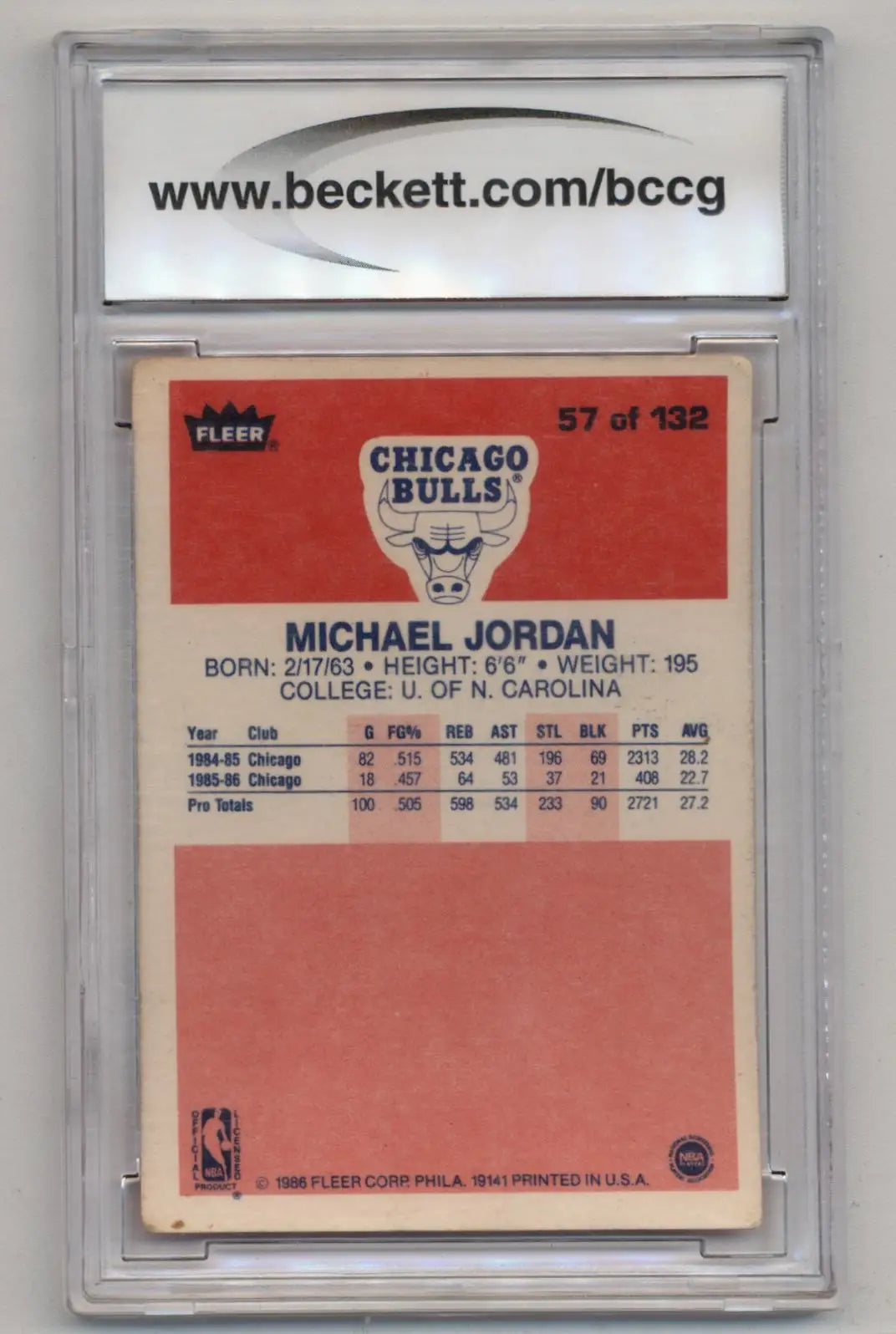 Michael Jordan 1986-87 Fleer Rookie #57 trading card in protective case BCCG 7 Very Good