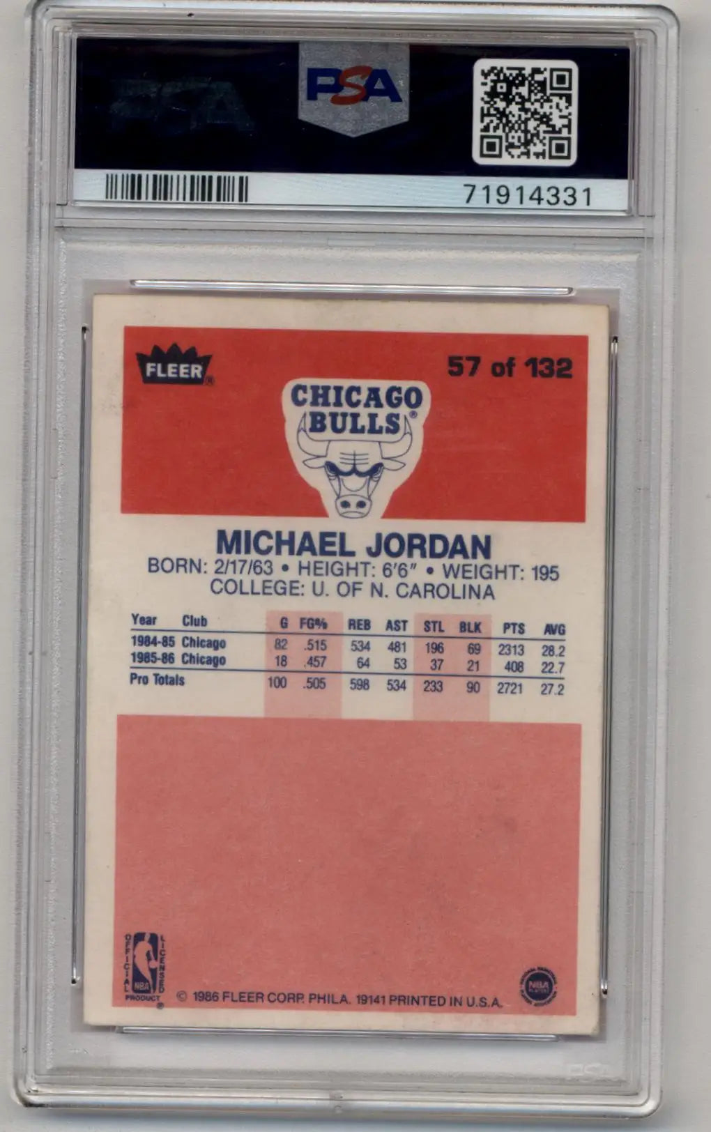 Michael Jordan basketball card Fleer Rookie 1986-87 PSA 3 Very Good view