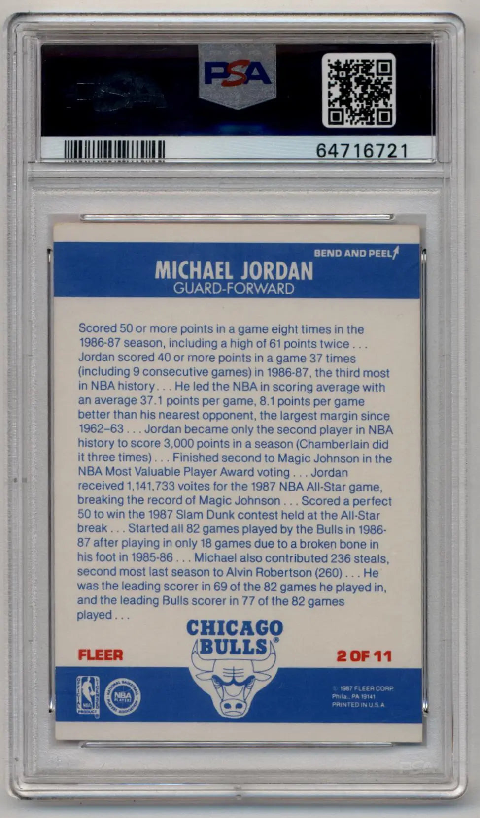PSA-graded Michael Jordan 1987-88 Fleer Sticker #2 trading card back featuring the Bulls logo