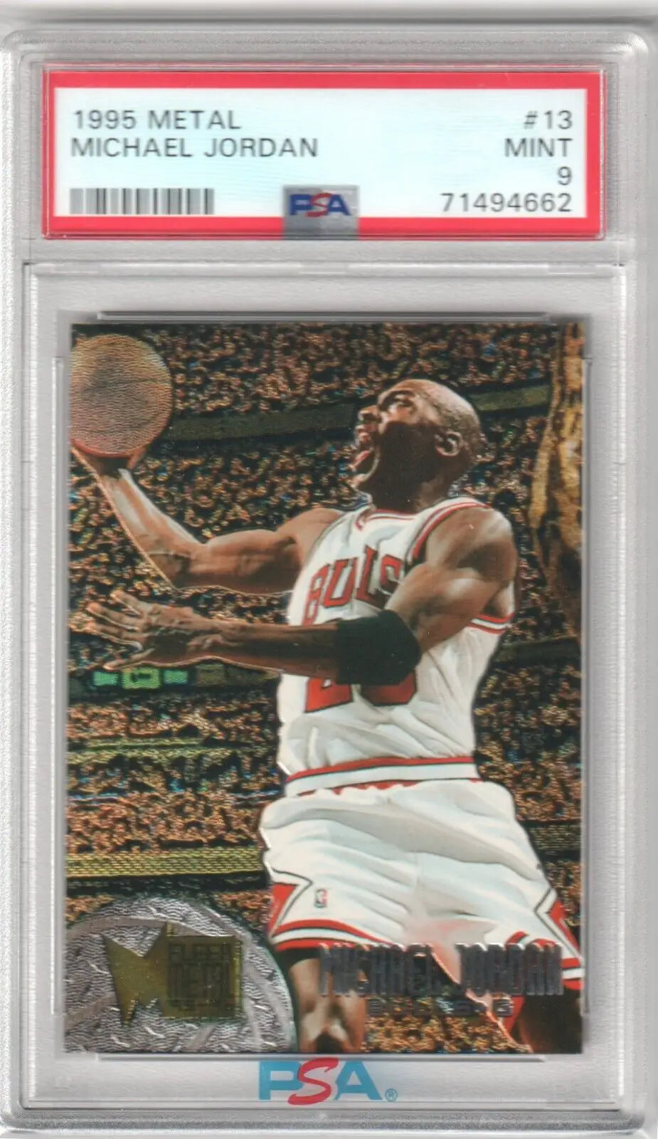 Graded Michael Jordan basketball card from the 1995-96 Metal series in PSA 9 MINT for ebay store Columbia Hobby