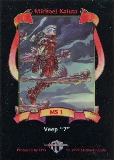 Red-armored robotic figure flying on broom in stormy sky from Metallic Storm Chase Card