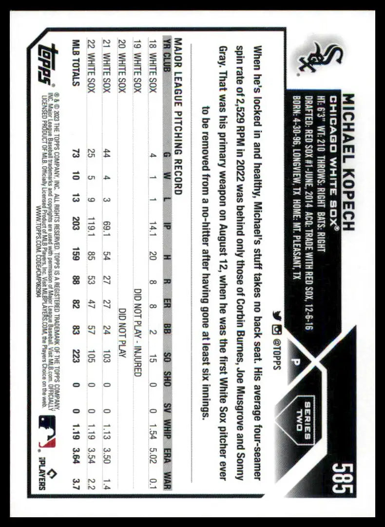 Michael Kopech baseball card from 2023 Topps #585 Chicago White Sox collection
