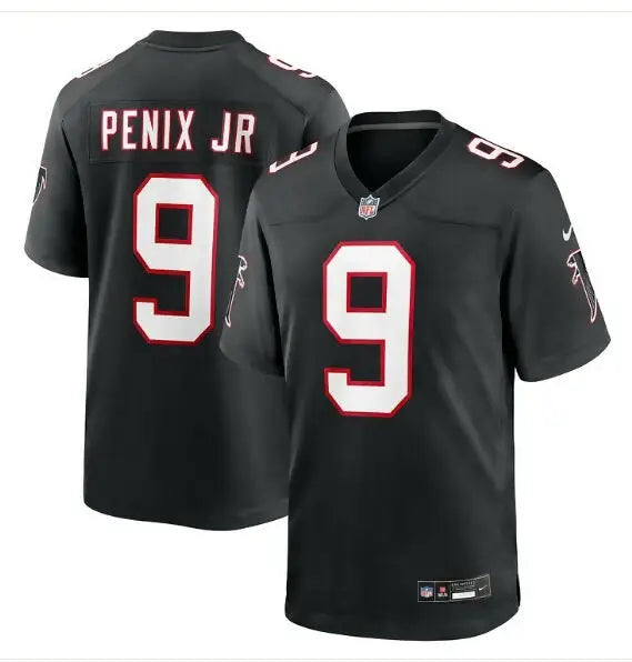 Black Michael Penix Jr. Atlanta Falcons Nike Game Jersey with white and red number 9 and 99