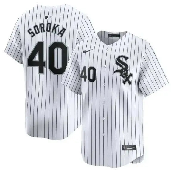 White pinstripe Michael Soroka Chicago White Sox Nike Player Jersey on display