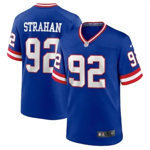 Blue football jersey with white and red trim for Michael Strahan York Giants Nike Classic