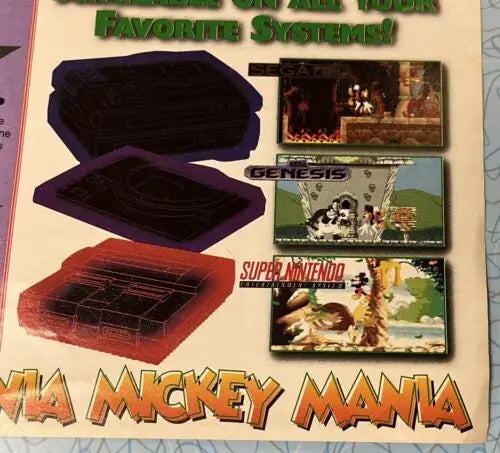 Mickey Mania Timeless Adventures Mickey Mouse video game advertisement for collectors like trading cards