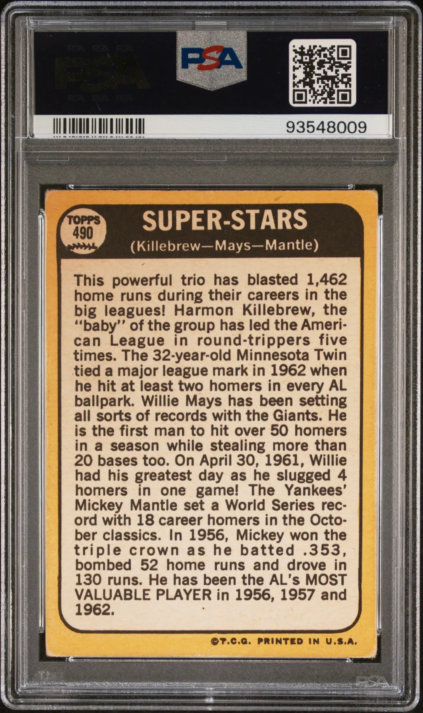 Vintage baseball card showcasing Mickey Mantle, Willie Mays, and Harmon Killebrew