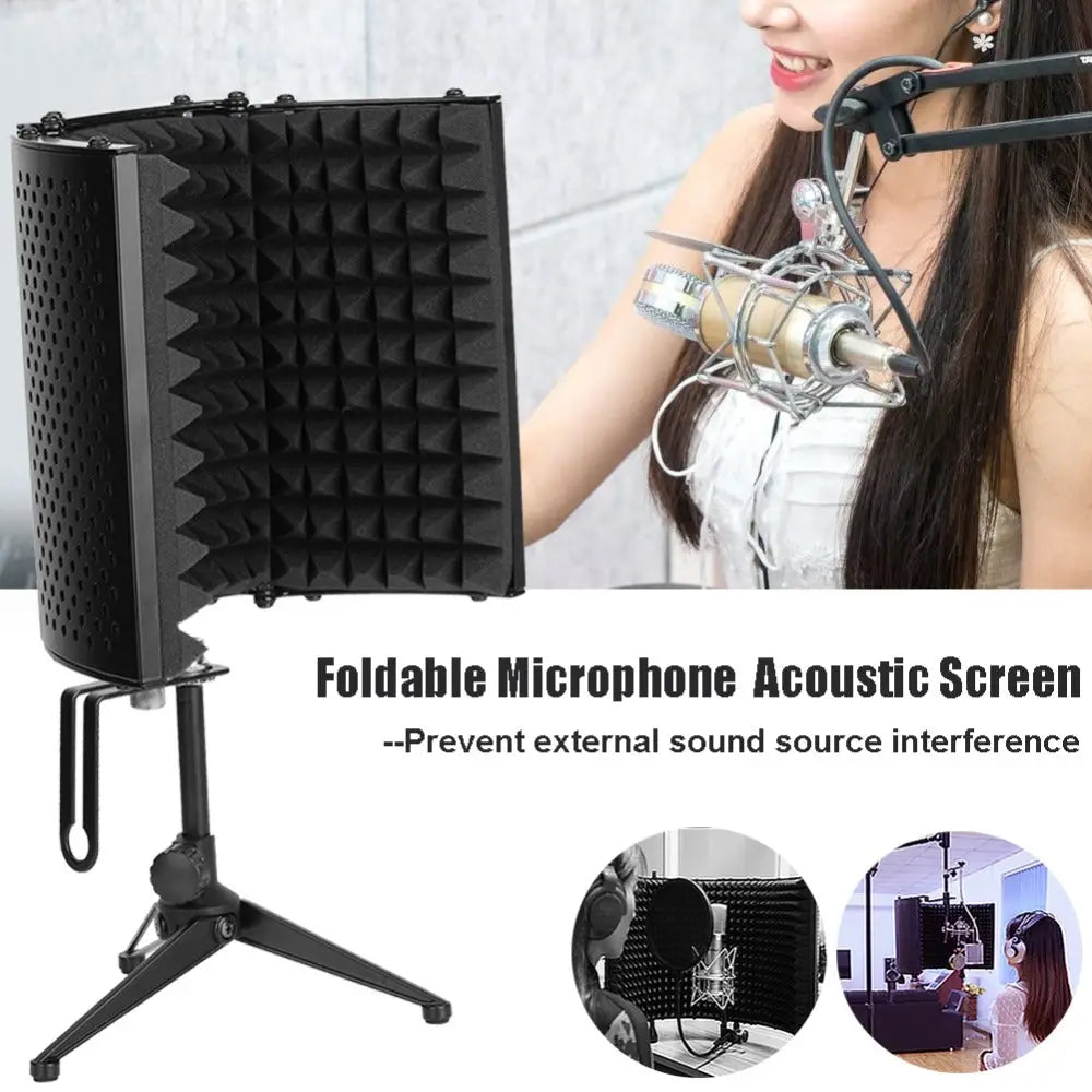 Foldable microphone isolation shield with sound-absorbing foam for studio mic sound