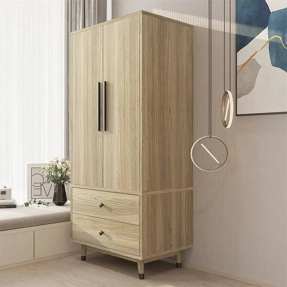 Mid-Century 2-Door Armoire Wardrobe Cabinet with Hanging Rail in Oak Finish - Wardrobe & Armoire