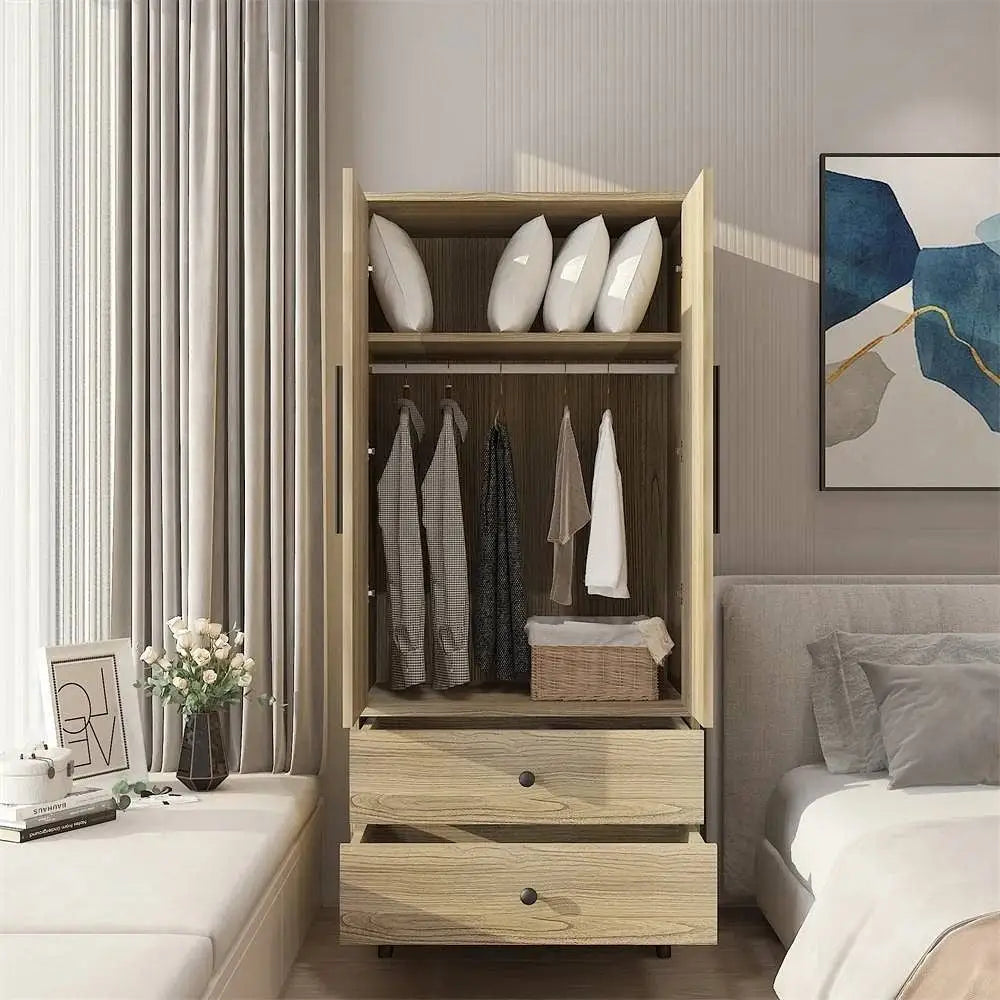 Mid-Century 2-Door Armoire Wardrobe Cabinet with Hanging Rail in Oak Finish - Wardrobe & Armoire