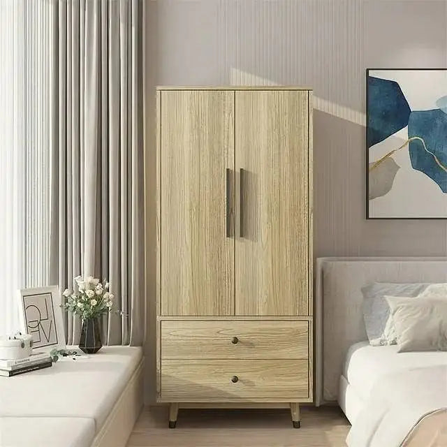 Mid-Century 2-Door Armoire Wardrobe Cabinet with Hanging Rail in Oak Finish - Wardrobe & Armoire