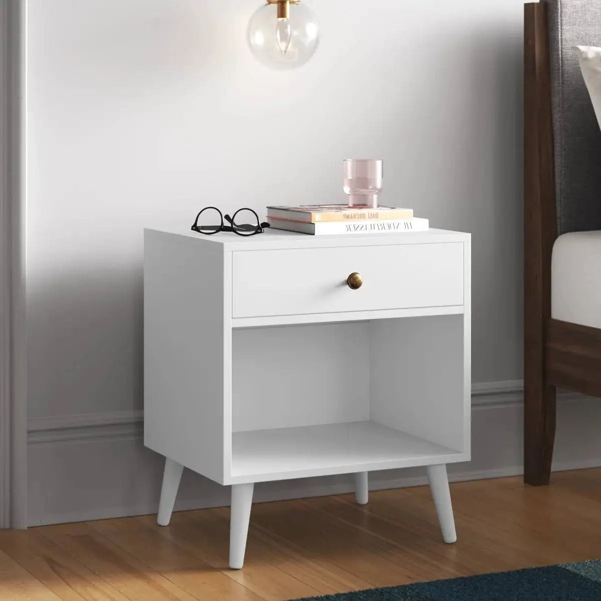 Mid-Century Modern Bedroom 1-Drawer Nightstand End Table in White Wood Finish - Nightstand