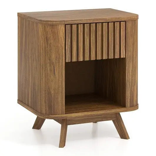 Mid-century Wood Nightstand with Drawer and Open Shelf-Walnut - Color:Walnut - Nightstands