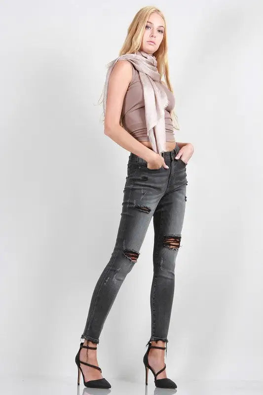 Women’s distressed black mid rise skinny jeans with ripped knees, Mid Rise Skinny with Destroy