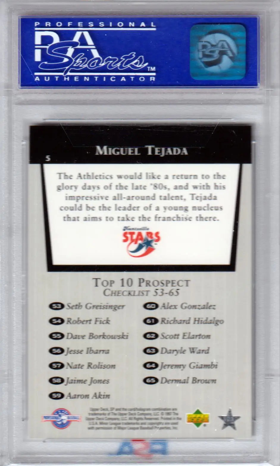 Graded Miguel Tejada baseball card from 1998 SP Top Prospects GEM MINT PSA 10