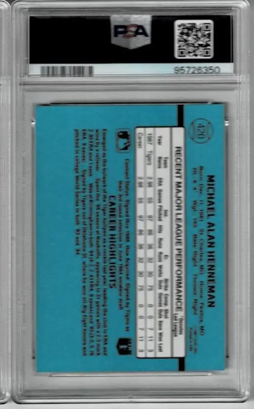 Graded baseball card of Mike Henneman Detroit Tigers Donruss 1988 autograph PSA/DNA