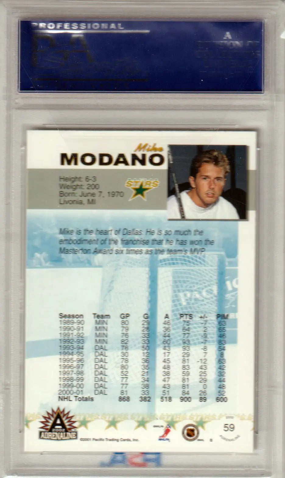 Mike Modano hockey card from Pacific Adrenaline 2001 HOF exhibit by Columbia Hobby
