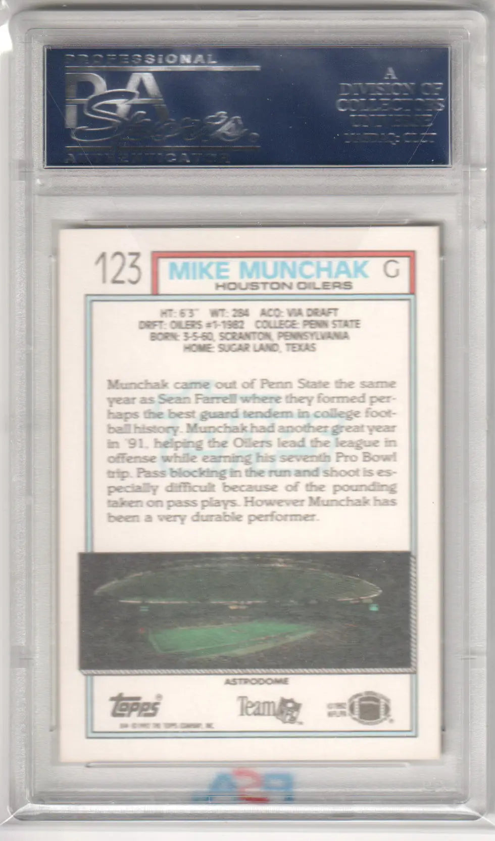 Graded Mike Munchak 1992 Topps football card PSA 10 GEM MINT from Columbia Hobby