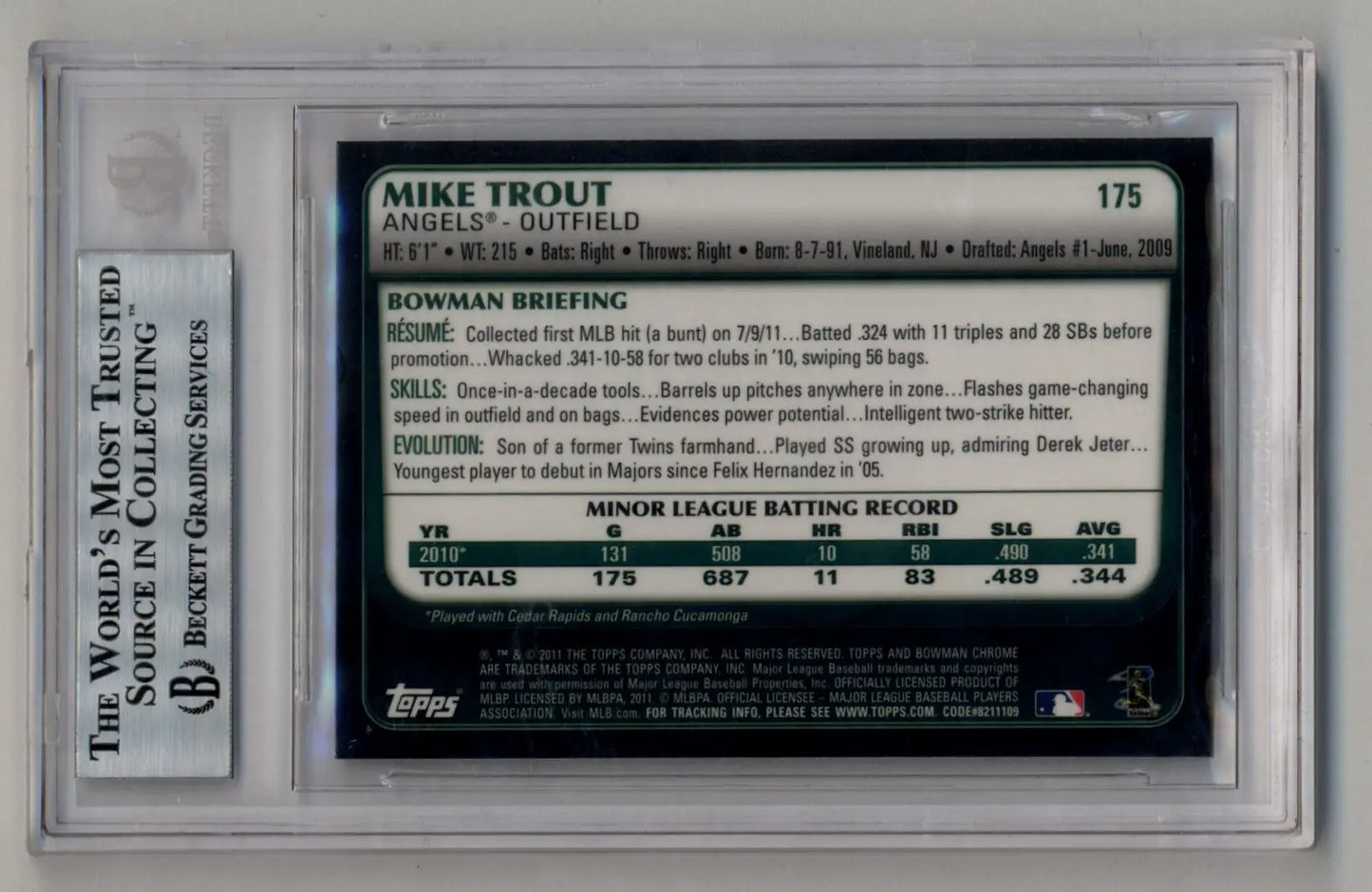 Graded Mike Trout 2011 Bowman Chrome #175 trading card in protective case