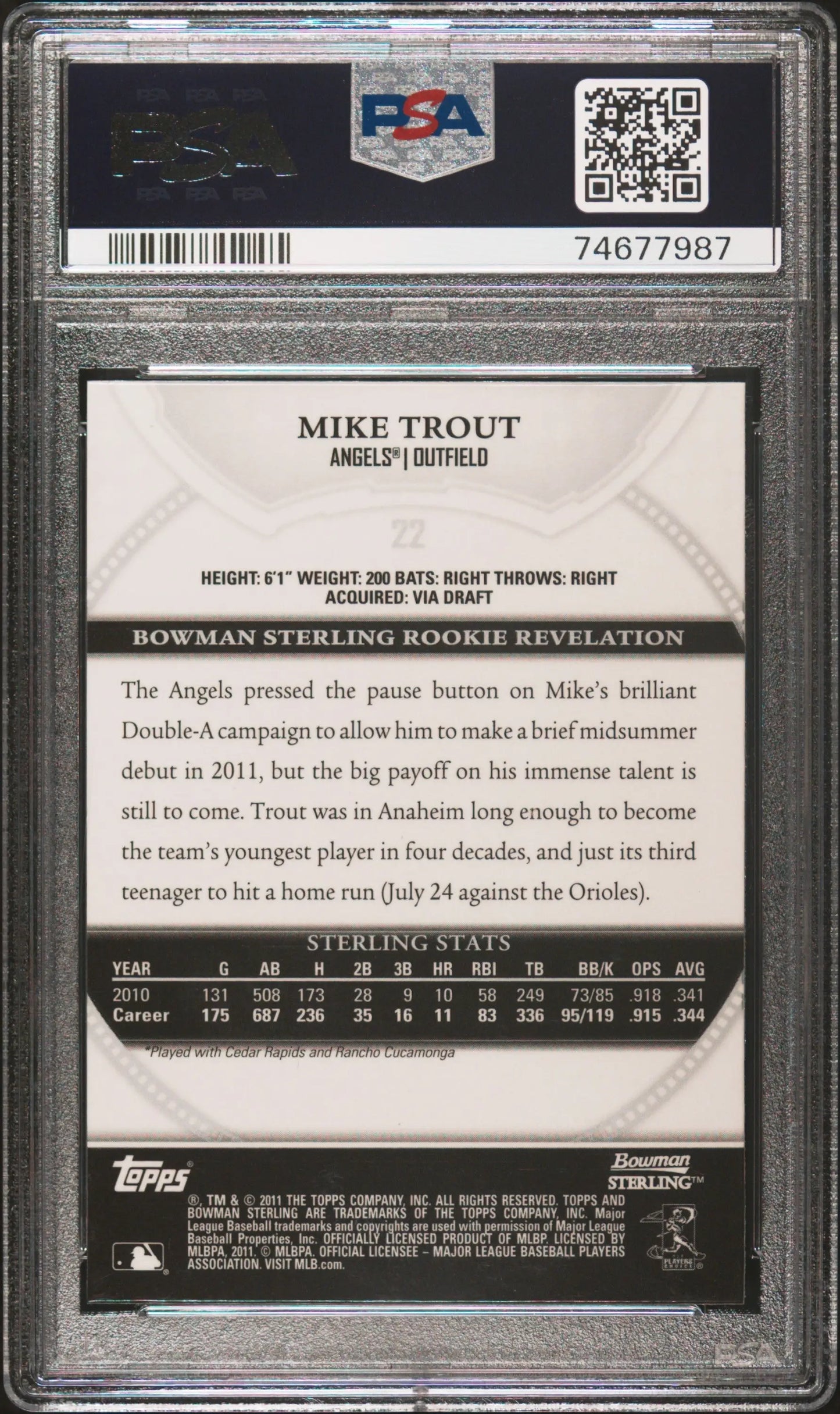 Mike Trout 2011 Bowman Sterling #22 PSA 9 Mint trading card back in protective case