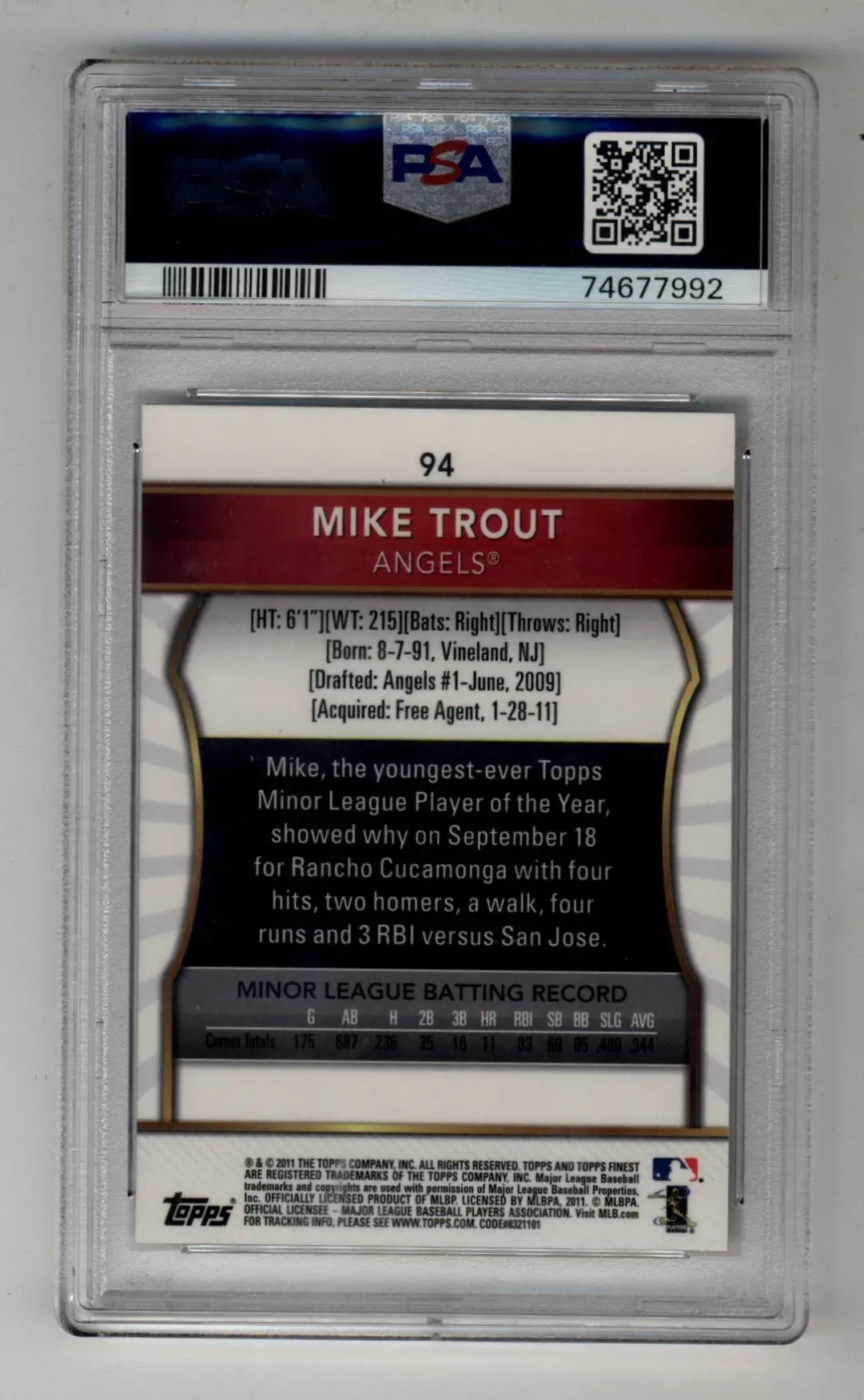 Graded Mike Trout baseball card 2011 Finest #94 PSA 9 Mint product image