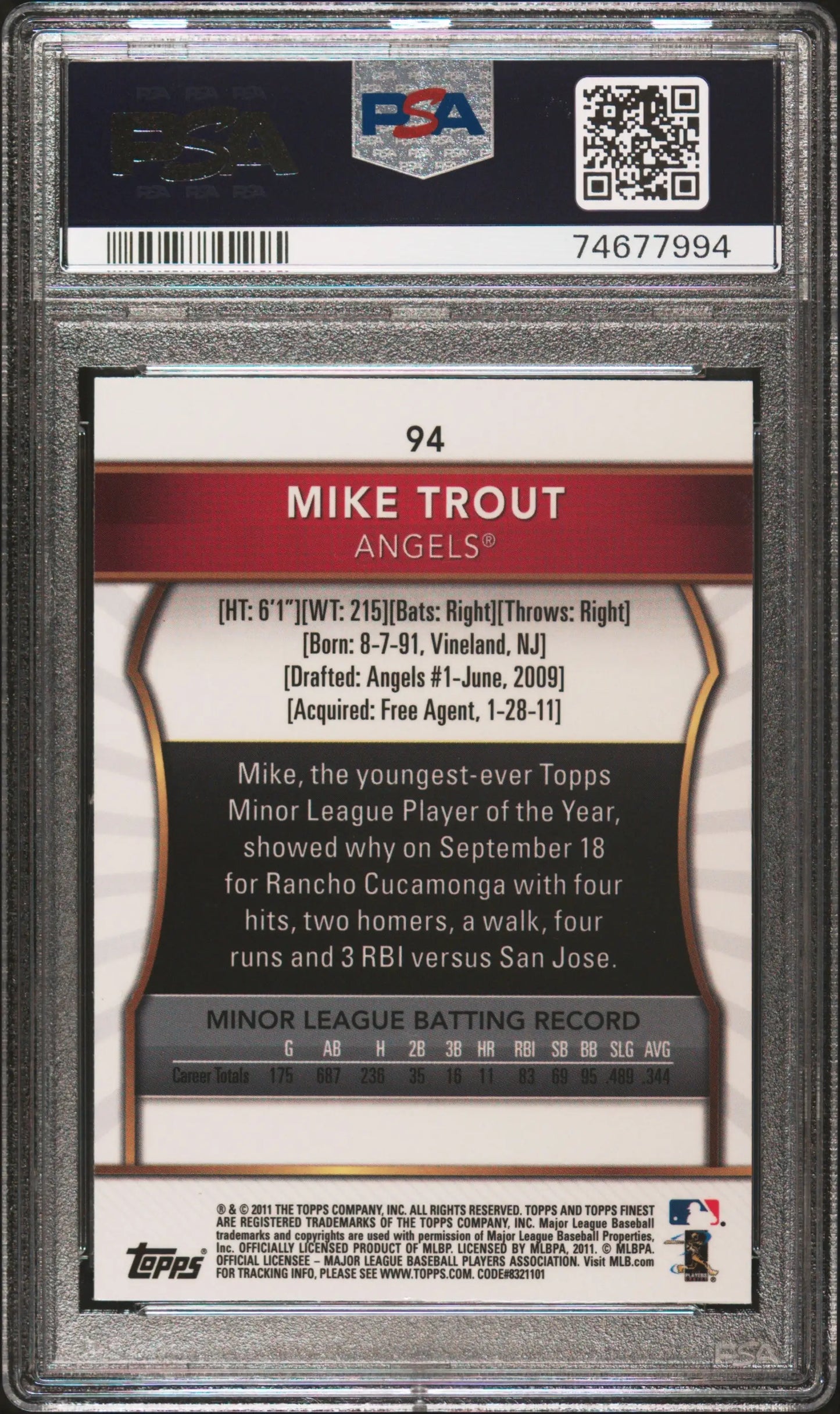 Graded Mike Trout 2011 Topps Finest baseball card PSA 9 Mint image