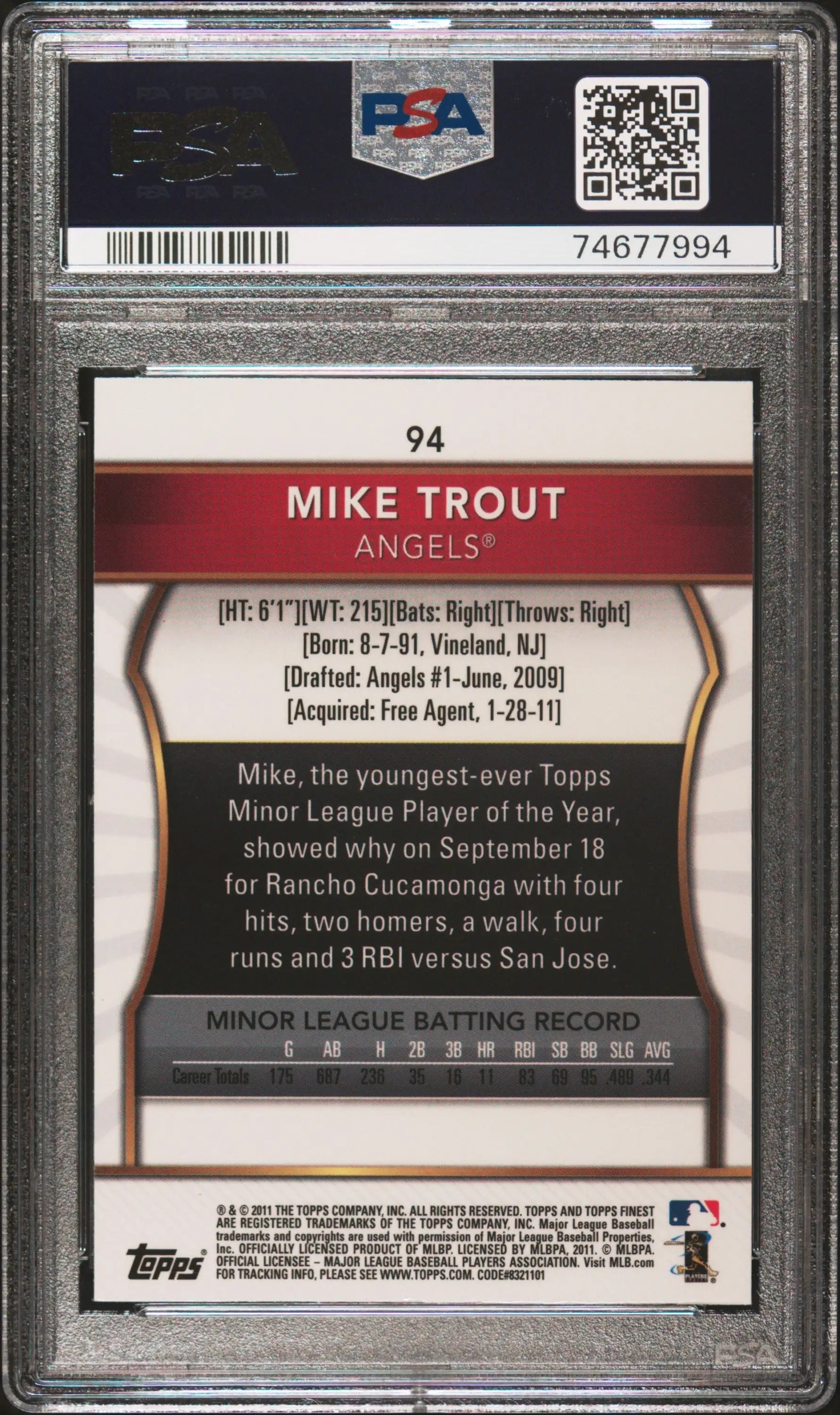Graded Mike Trout 2011 Topps Finest baseball card PSA 9 Mint image