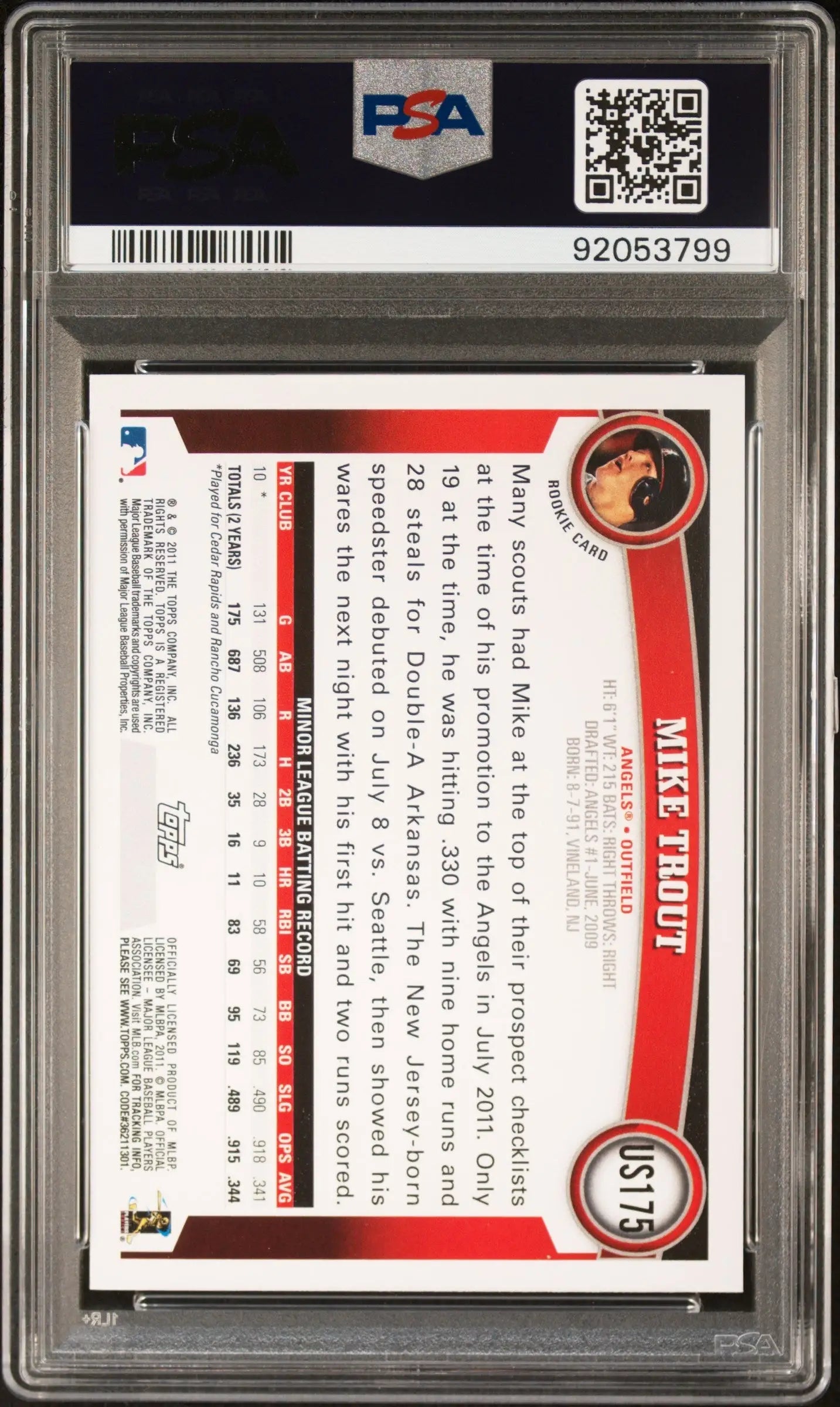 Mike Trout 2011 Topps Update US175 PSA 9 Mint baseball card in protective case with QR code