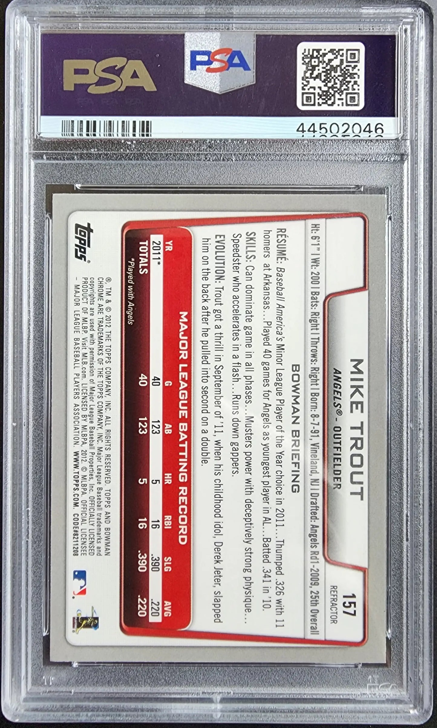 Mike Trout 2012 Bowman Chrome #157 Xfractor PSA 10 Gem Mint card in clear case
