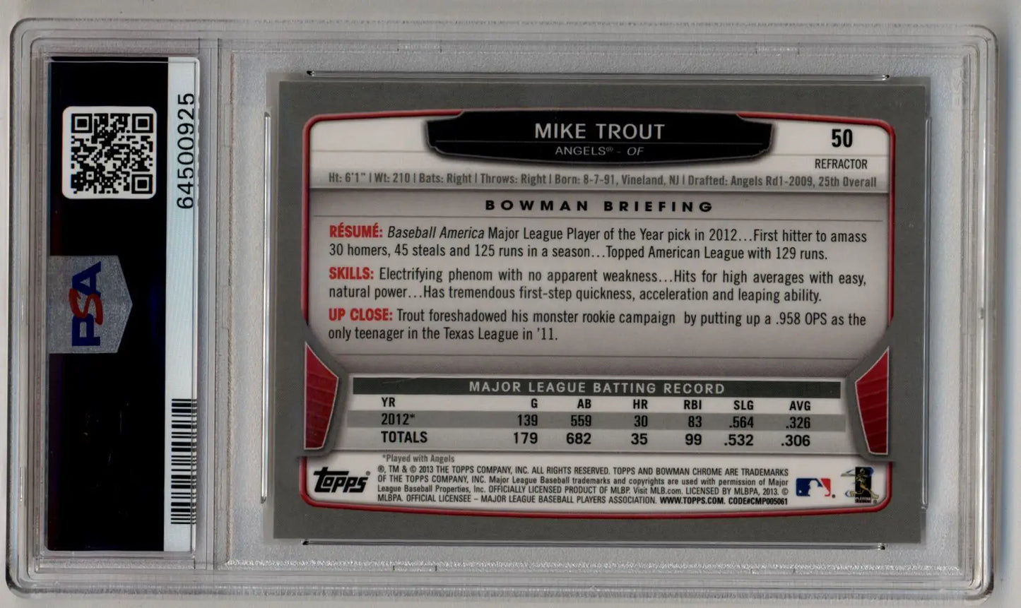 Baseball card of Mike Trout 2013 Bowman Chrome Xfractor in protective case with QR code