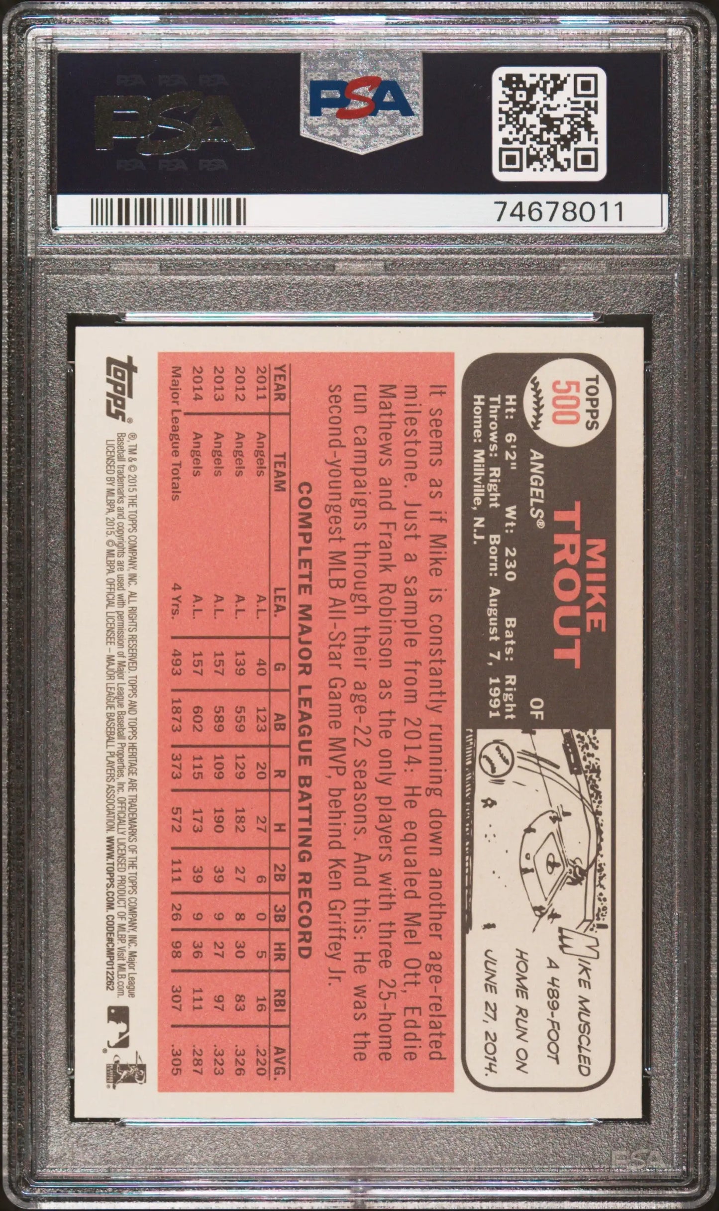 Encased Mike Trout 2015 Topps Heritage #500 baseball card PSA 10 Gem Mint