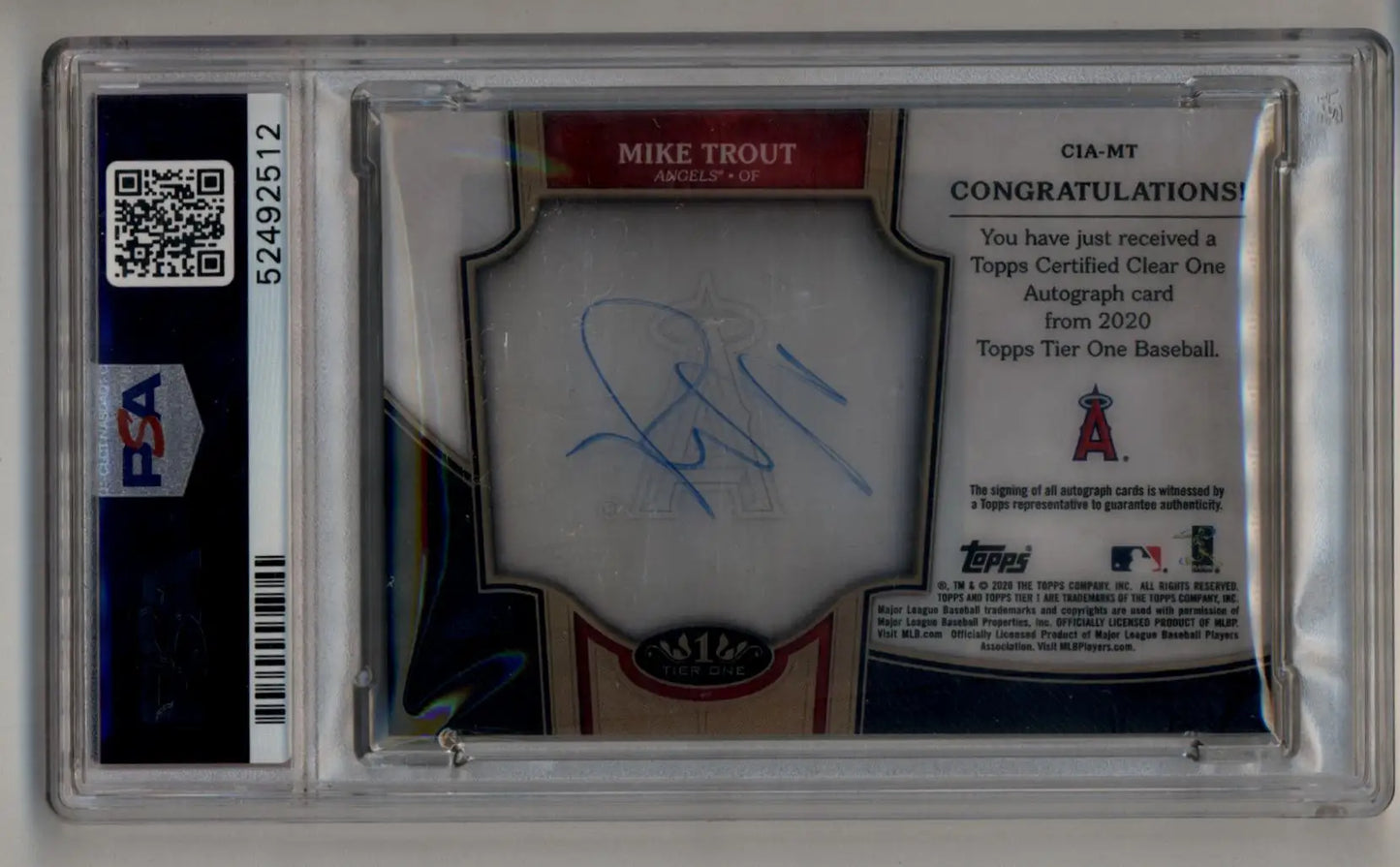 Graded Mike Trout autographed baseball card from Topps Tier One, mint condition, PSA 8
