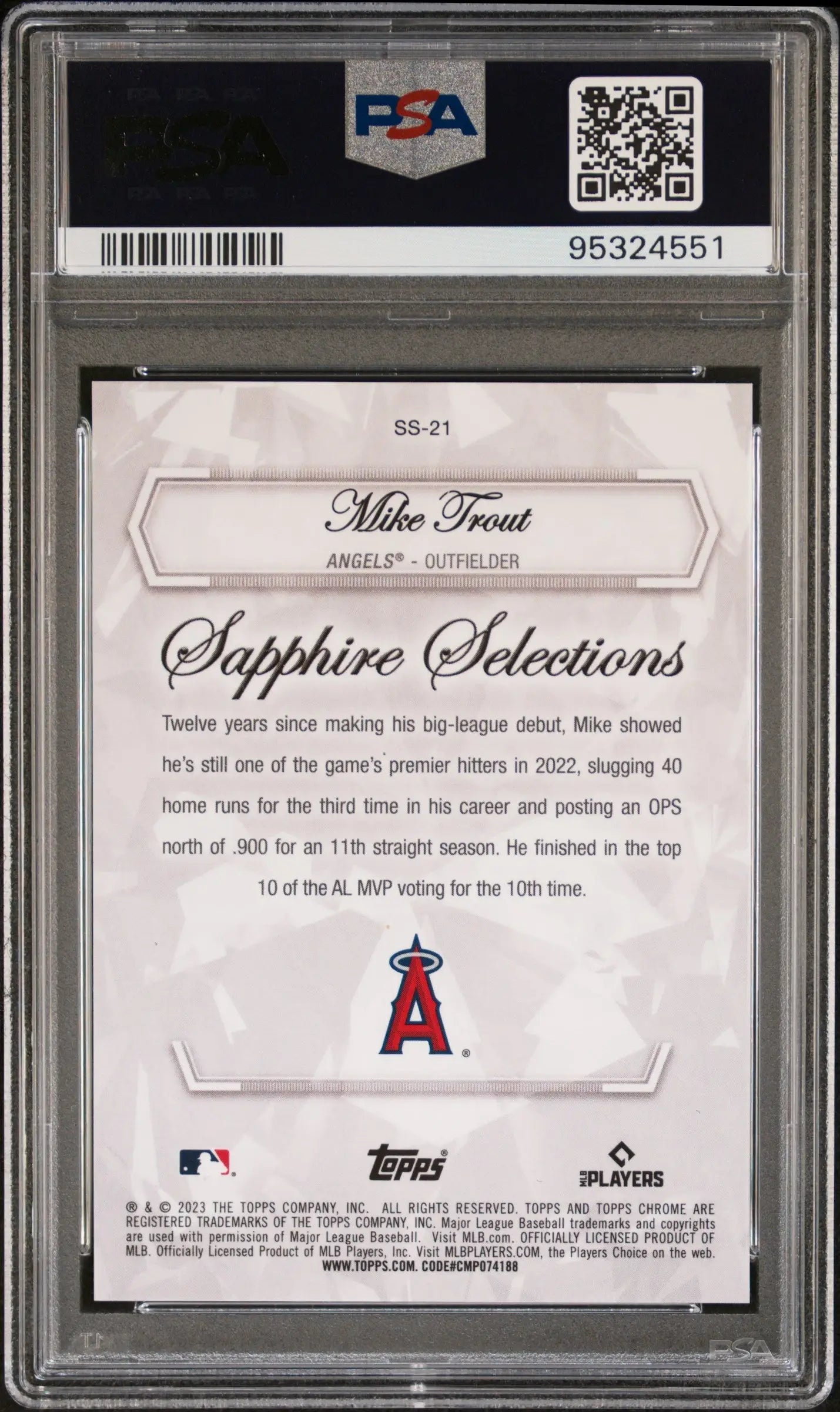Back of Mike Trout 2023 Topps Sapphire Selections Orange card with Angels logo