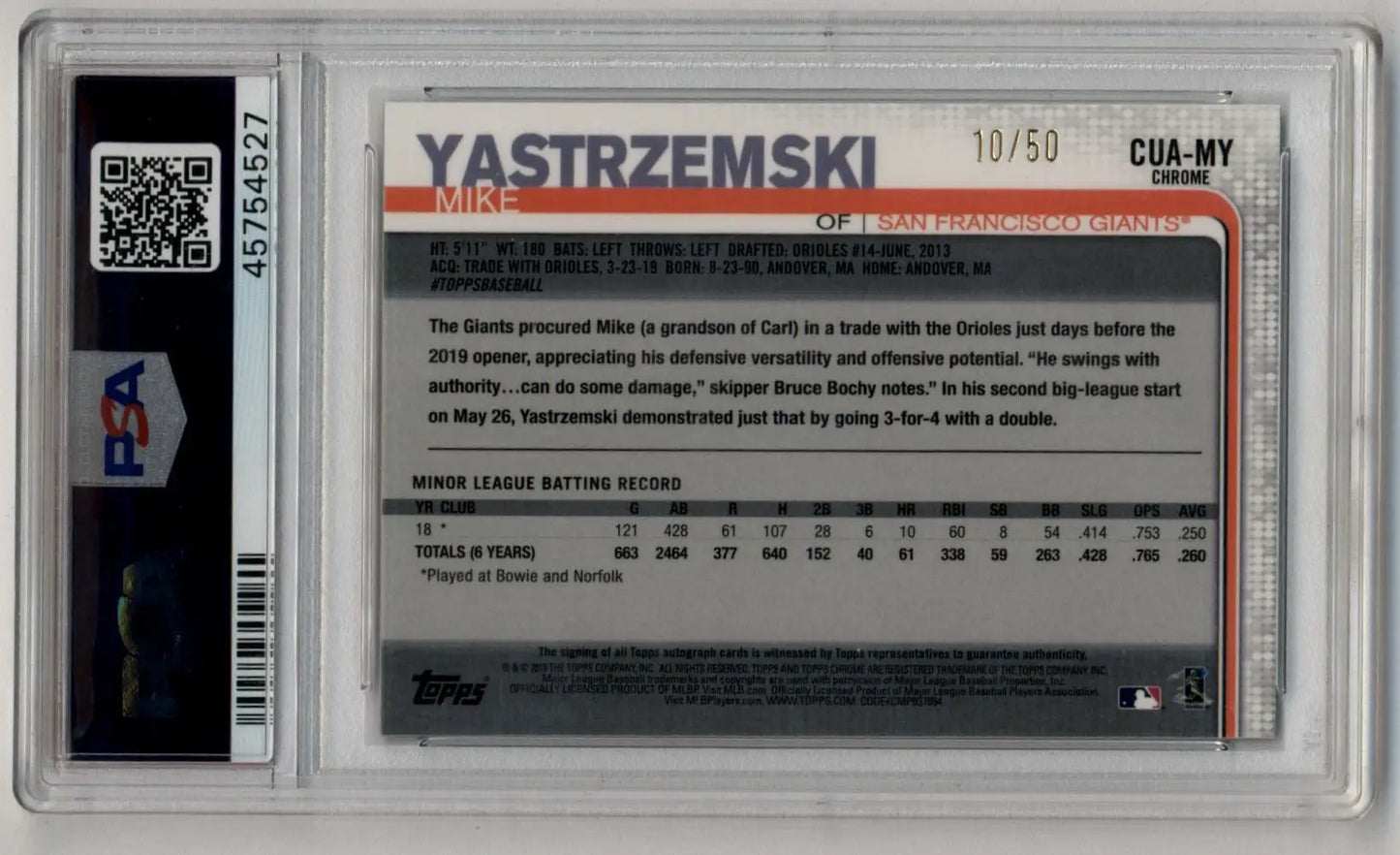 Baseball trading card of Mike Yastrzemski in PSA slab from Topps Chrome Update Gold Refractor Auto