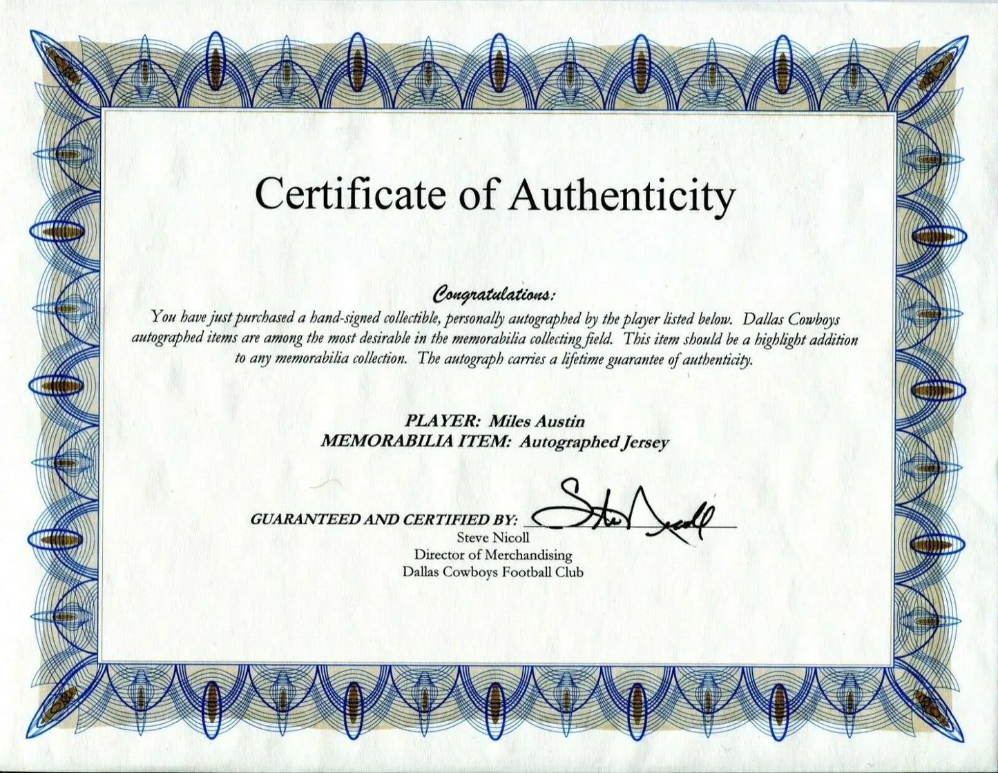 Certificate of authenticity for Miles Austin Auto Dallas Cowboys Jersey XXL Size 56
