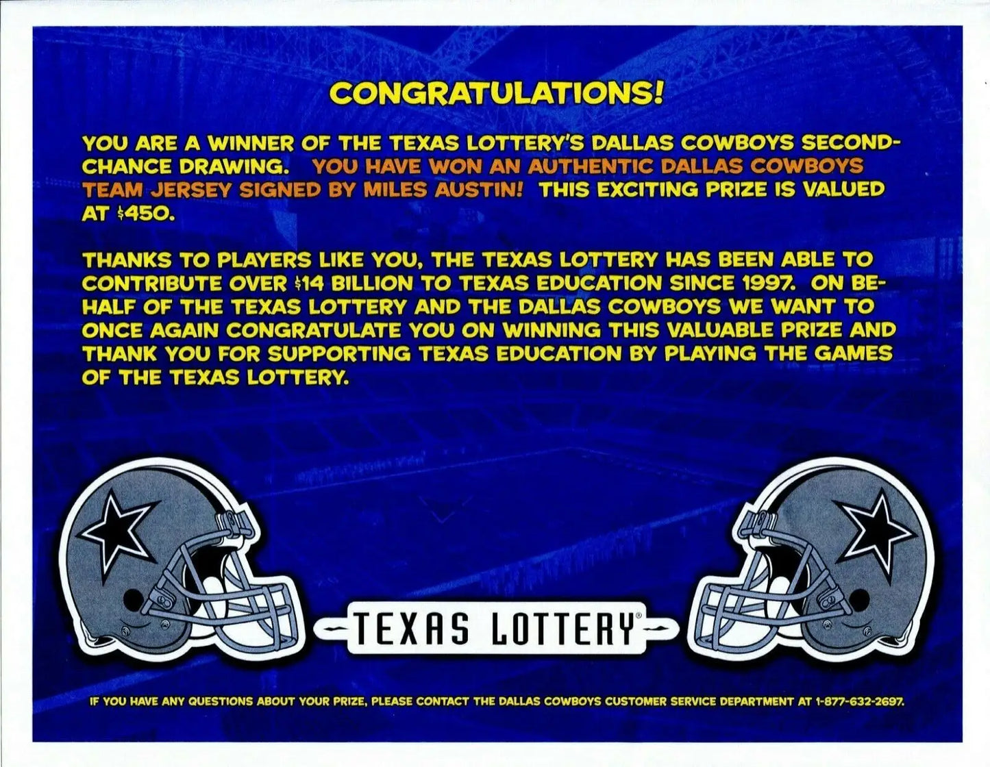 Texas Lottery prize announcement with Dallas Cowboys XXL Size jersey display
