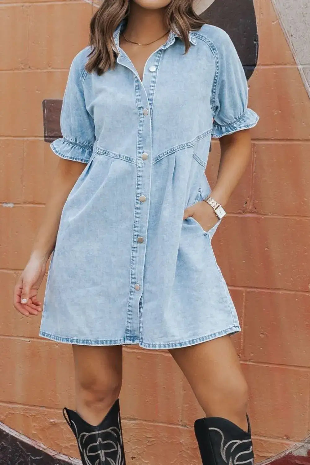 Mineral Wash Ruffle Sleeve Denim Dress - dress