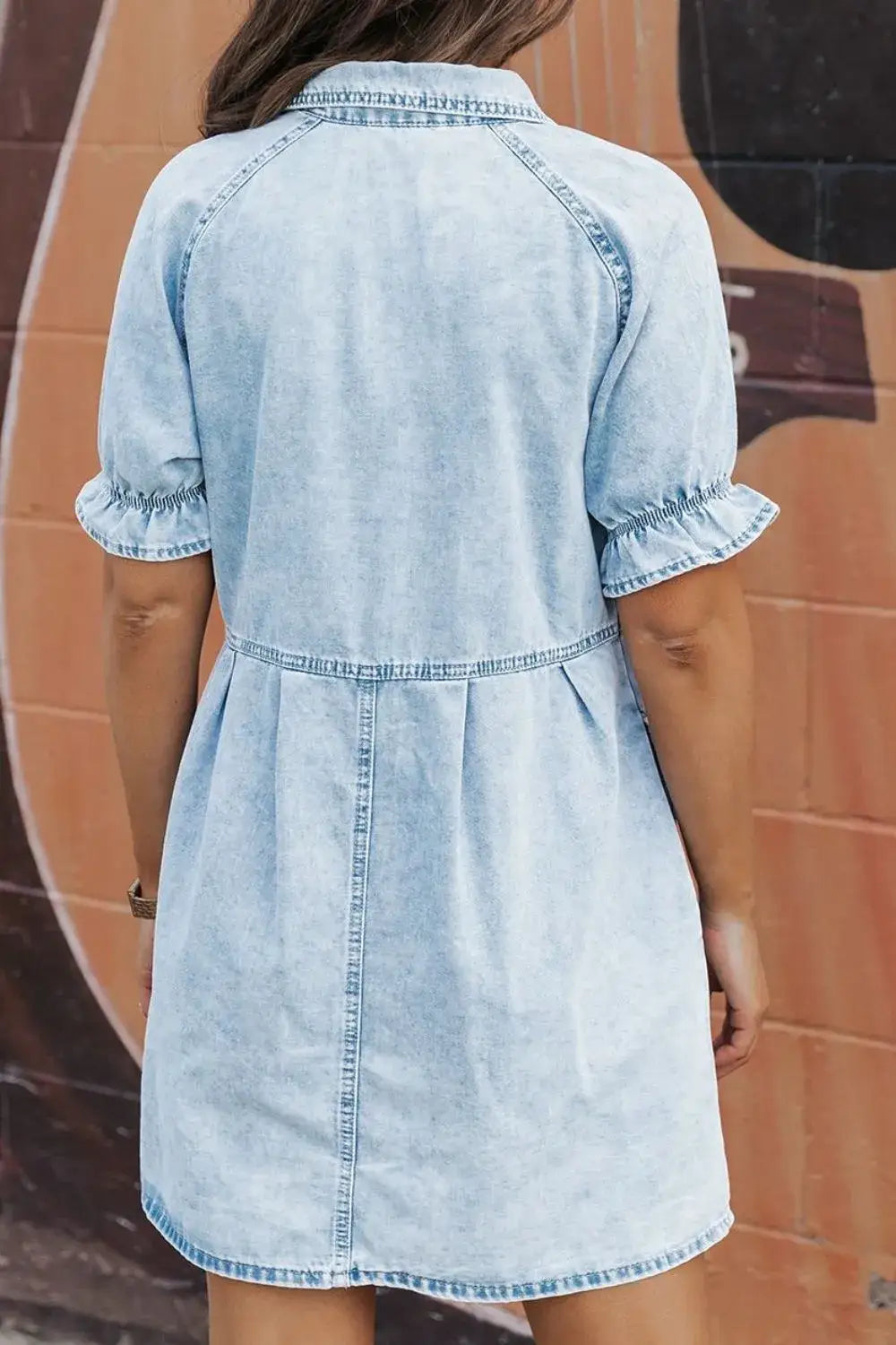 Mineral Wash Ruffle Sleeve Denim Dress - dress