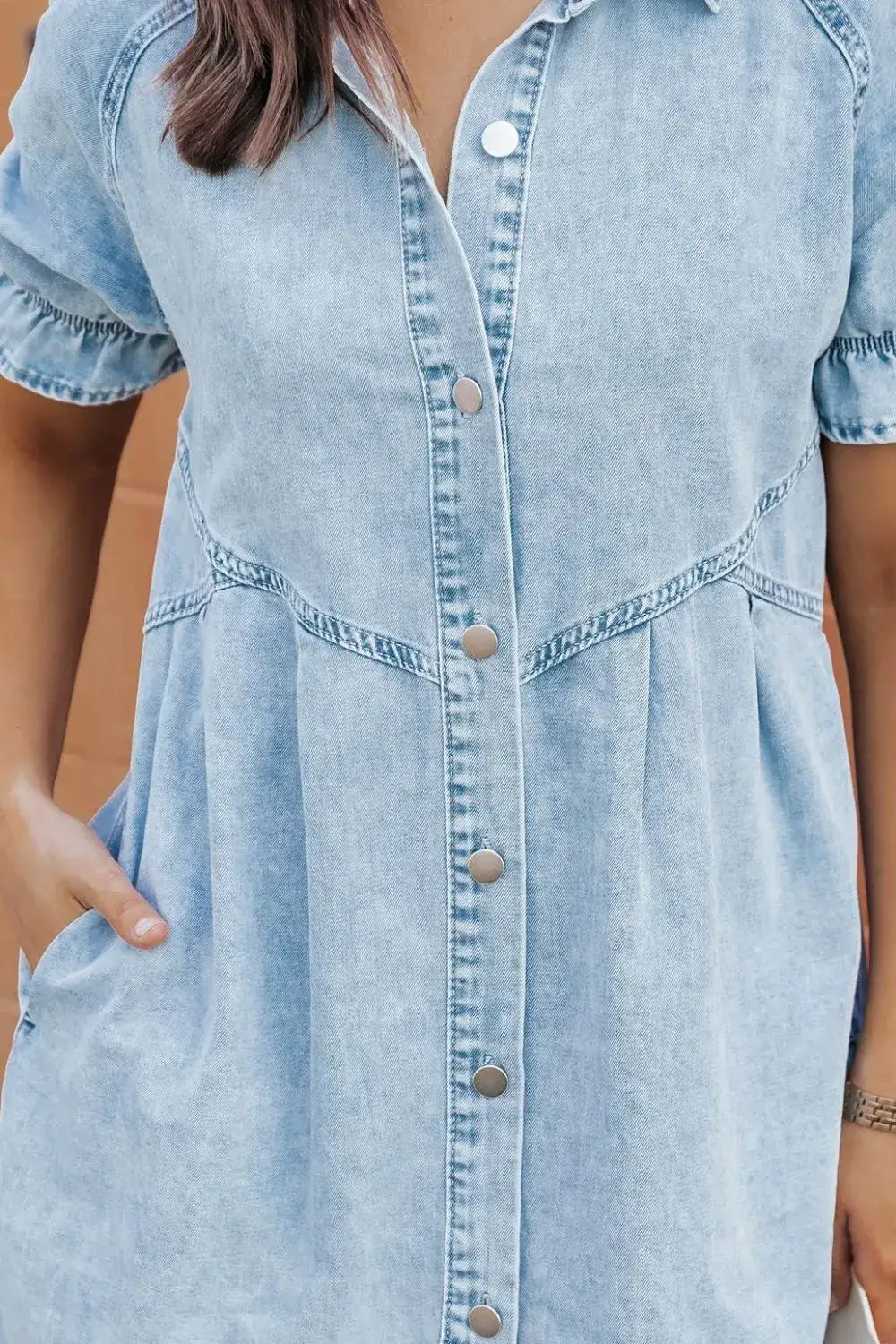 Mineral Wash Ruffle Sleeve Denim Dress - dress